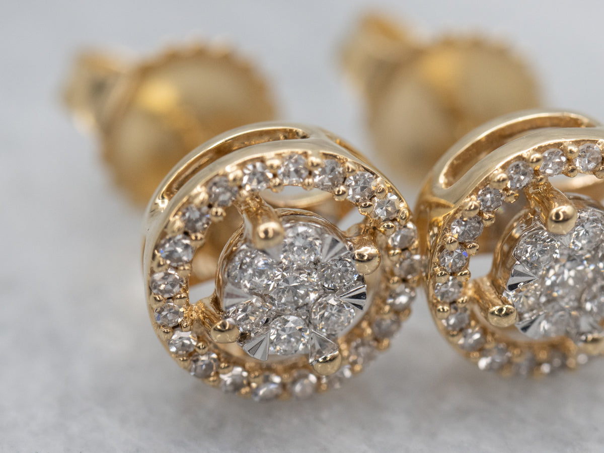 Round Diamond Cluster Yellow Gold Stud Earrings