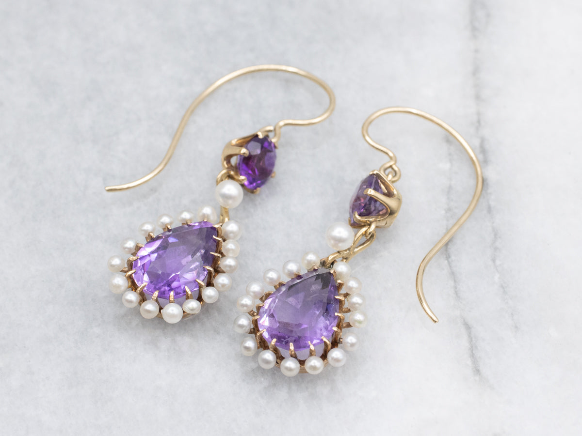 14K Yellow Gold Teardrop Amethyst and Pearl Halo Drop Earrings