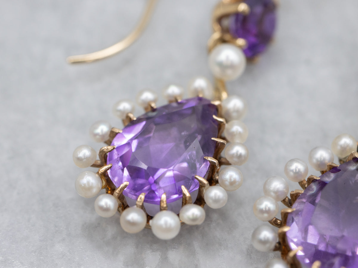 14K Yellow Gold Teardrop Amethyst and Pearl Halo Drop Earrings