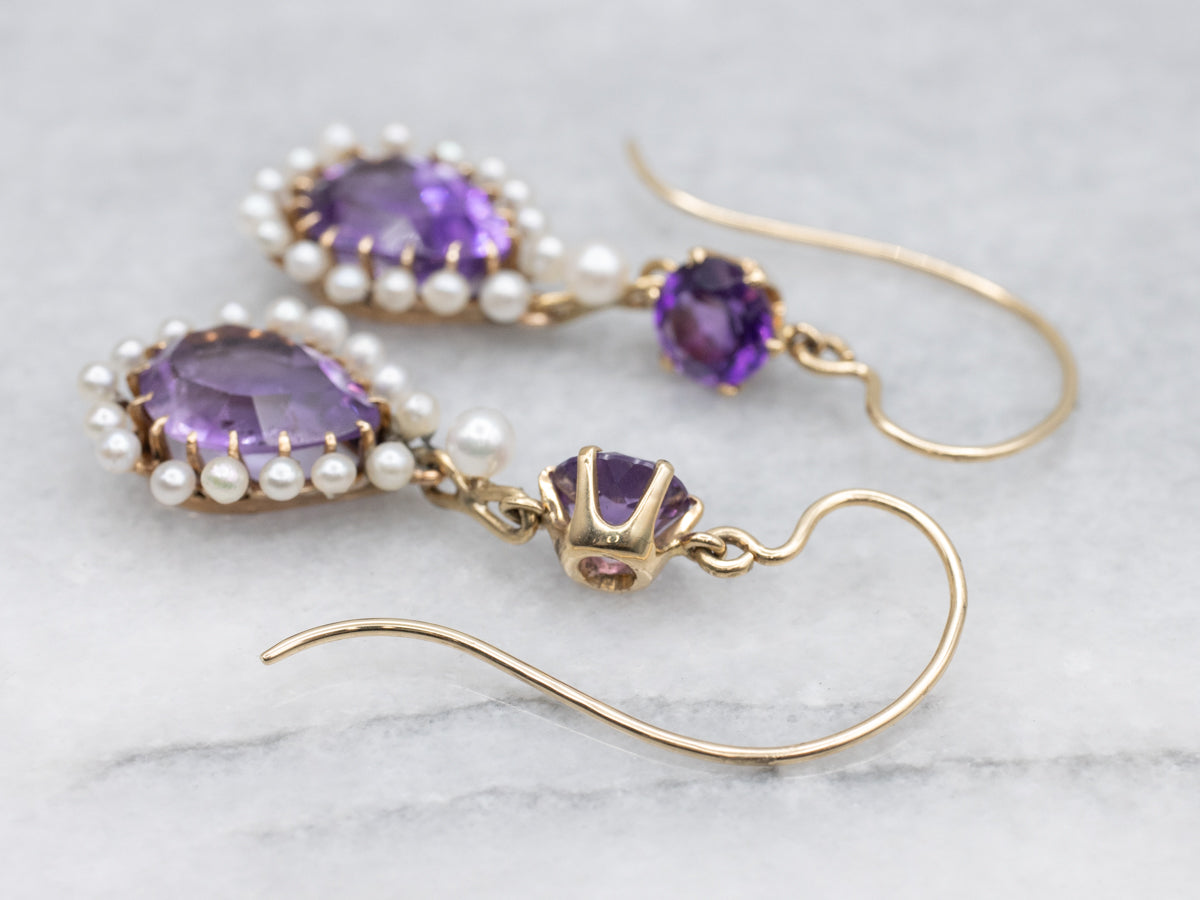 14K Yellow Gold Teardrop Amethyst and Pearl Halo Drop Earrings