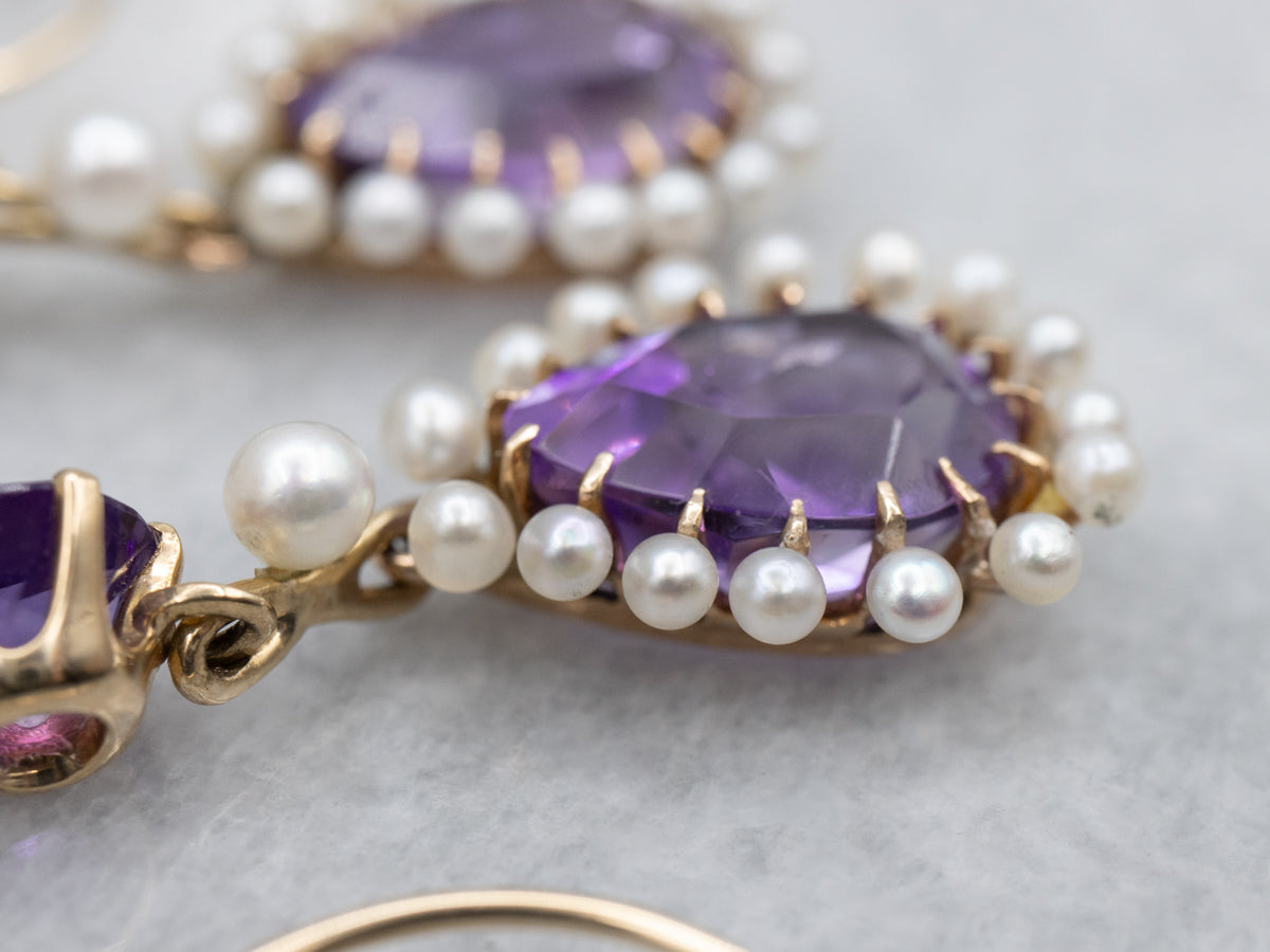 14K Yellow Gold Teardrop Amethyst and Pearl Halo Drop Earrings