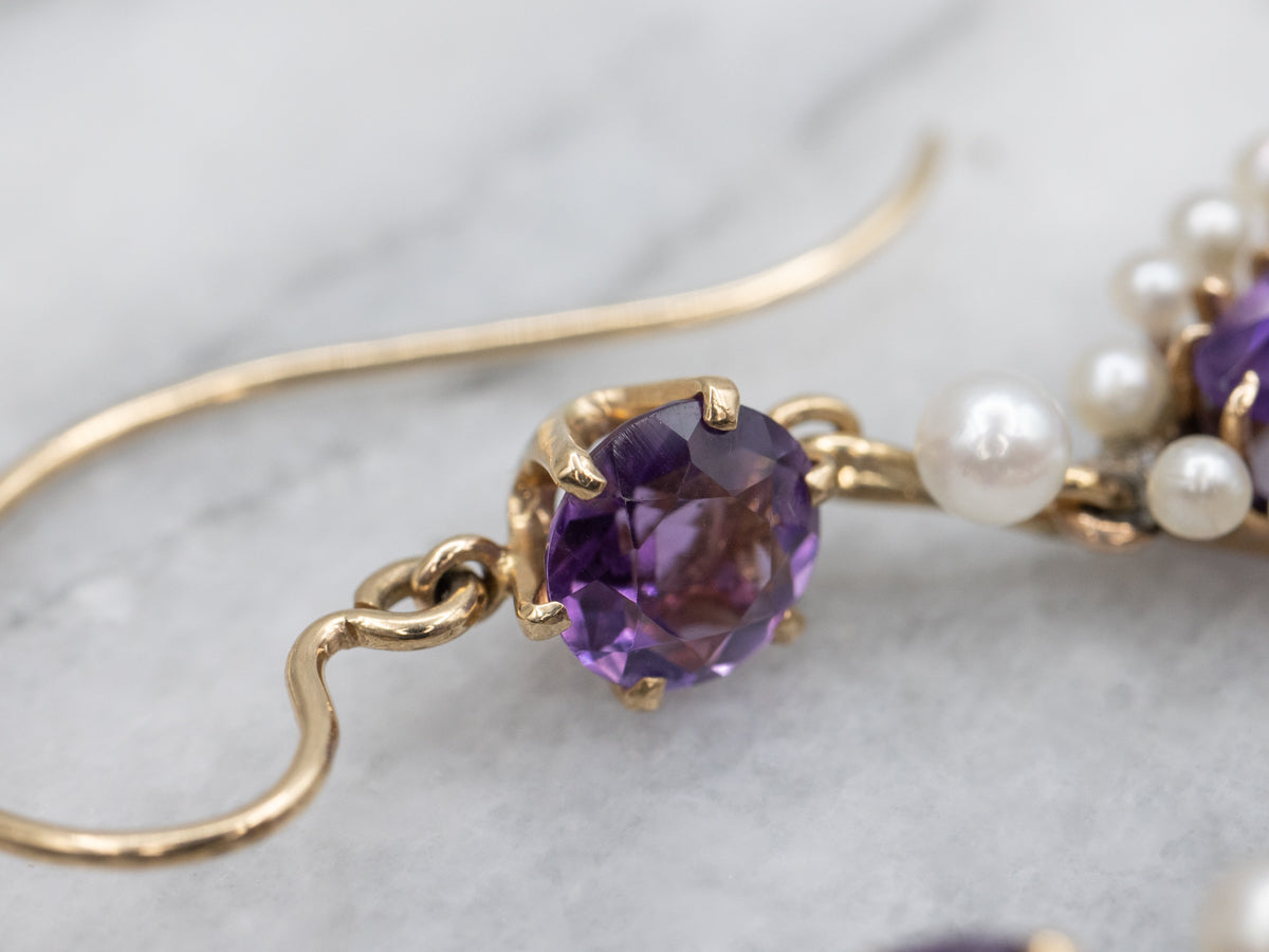 14K Yellow Gold Teardrop Amethyst and Pearl Halo Drop Earrings