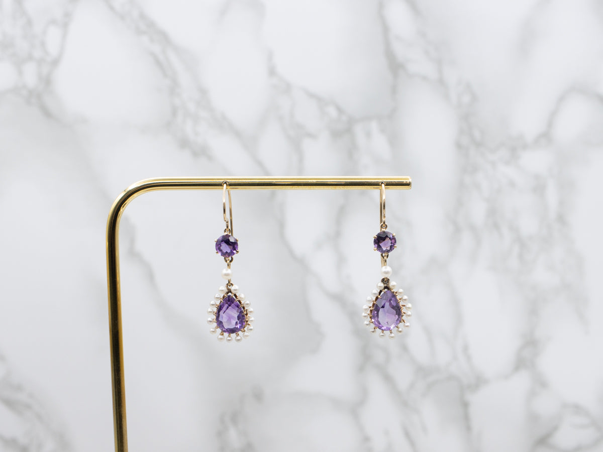 14K Yellow Gold Teardrop Amethyst and Pearl Halo Drop Earrings