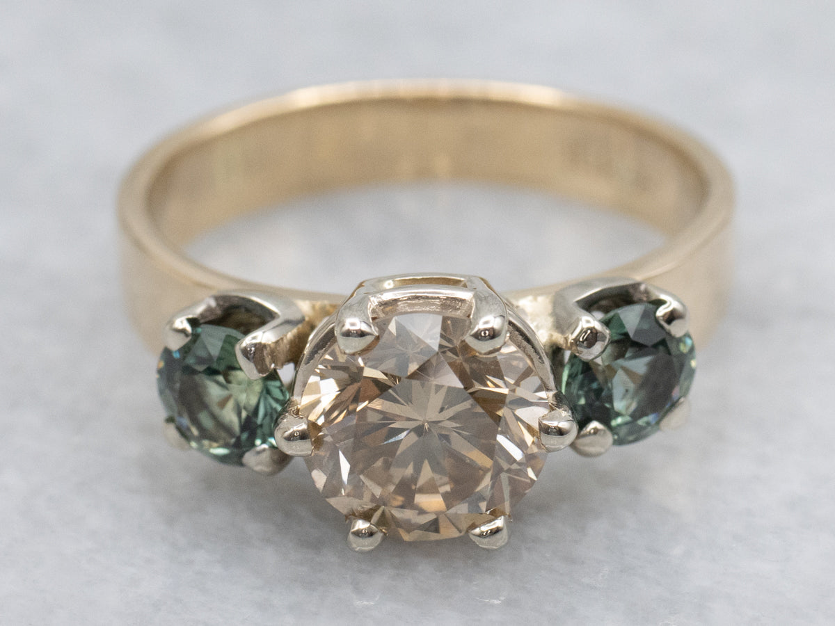 Champagne Diamond and Green Sapphire Three Stone Ring