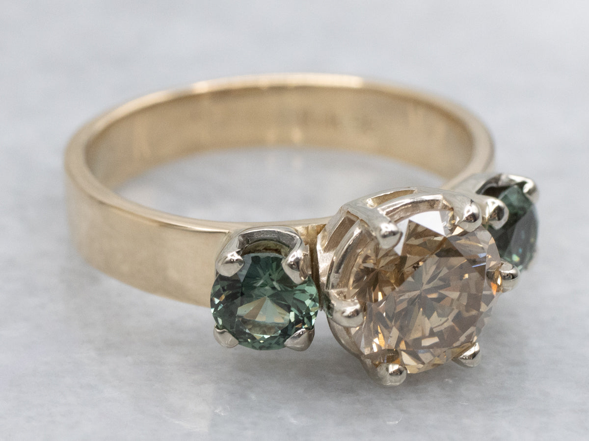 Champagne Diamond and Green Sapphire Three Stone Ring