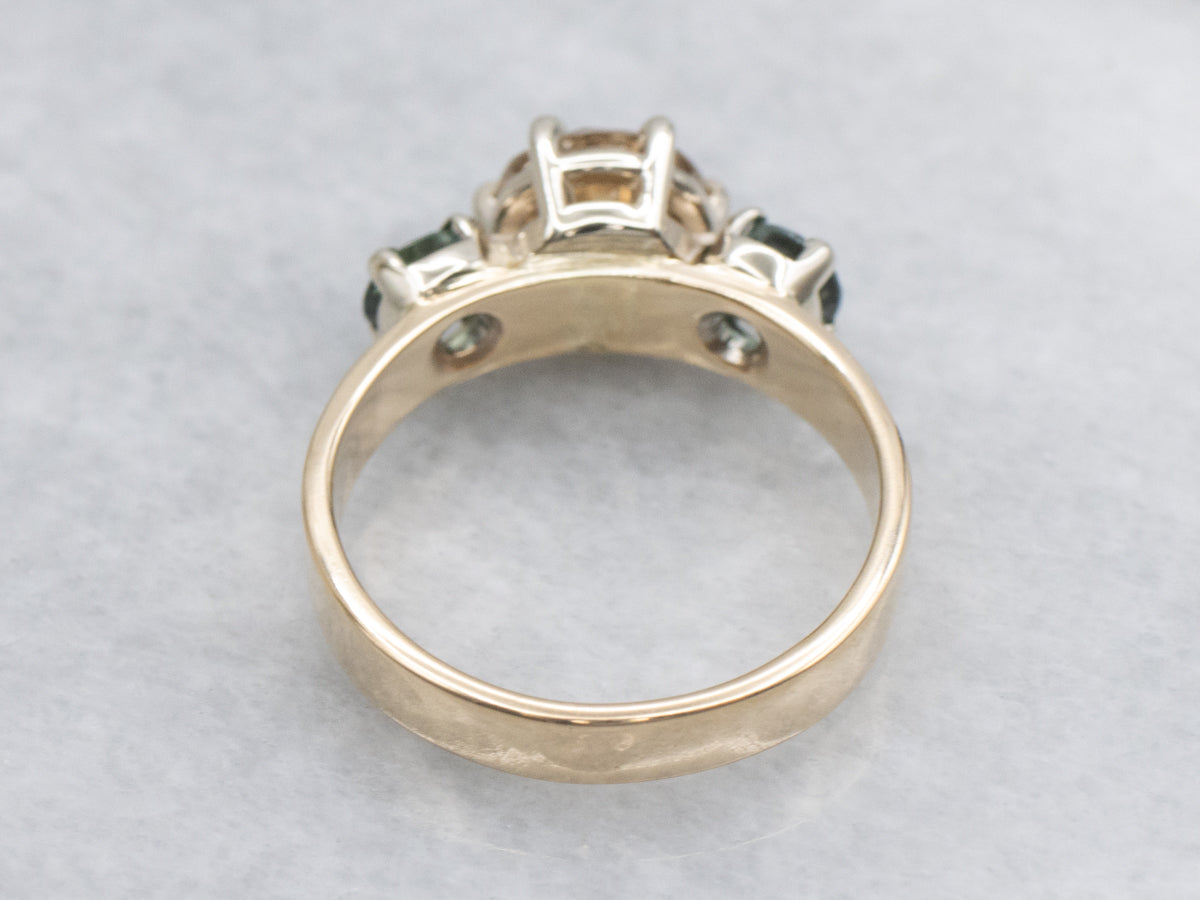 Champagne Diamond and Green Sapphire Three Stone Ring