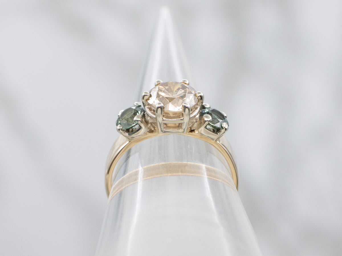 Champagne Diamond and Green Sapphire Three Stone Ring