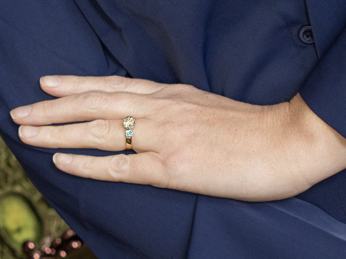 Champagne Diamond and Green Sapphire Three Stone Ring