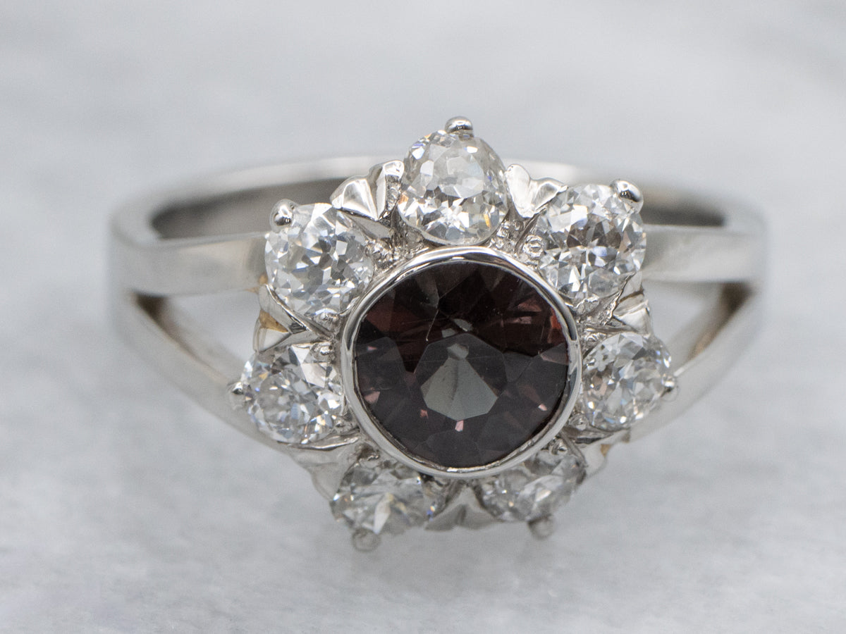 Color Change Garnet and Old Mine Cut Diamond Halo Platinum Ring