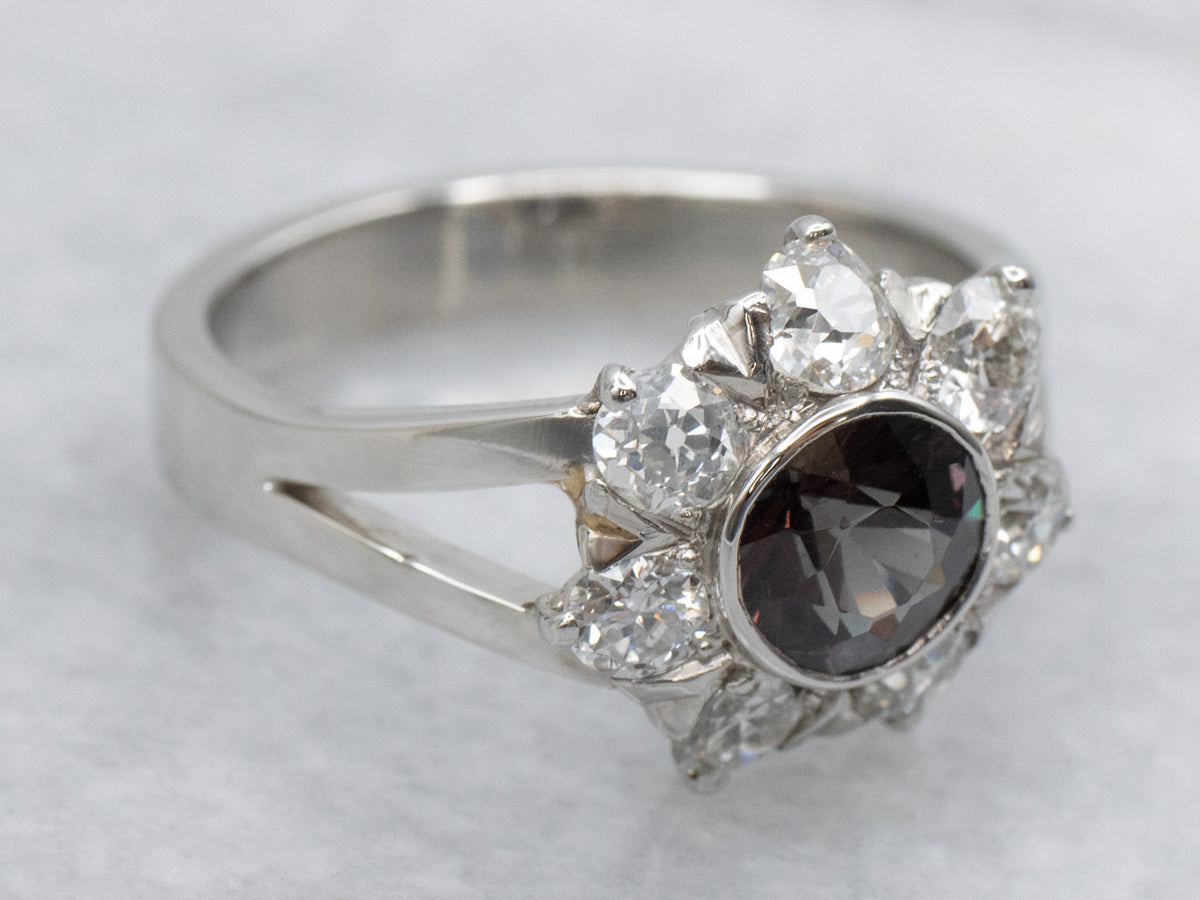 Color Change Garnet and Old Mine Cut Diamond Halo Platinum Ring