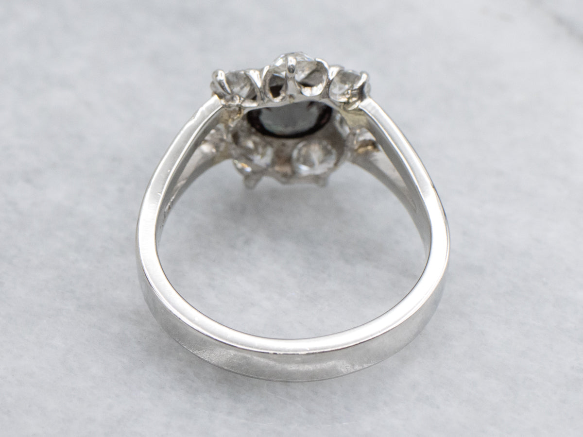 Color Change Garnet and Old Mine Cut Diamond Halo Platinum Ring