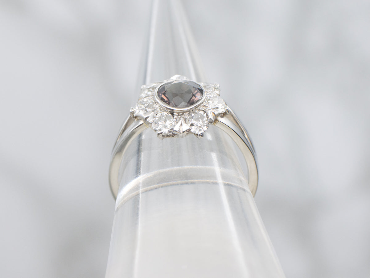 Color Change Garnet and Old Mine Cut Diamond Halo Platinum Ring