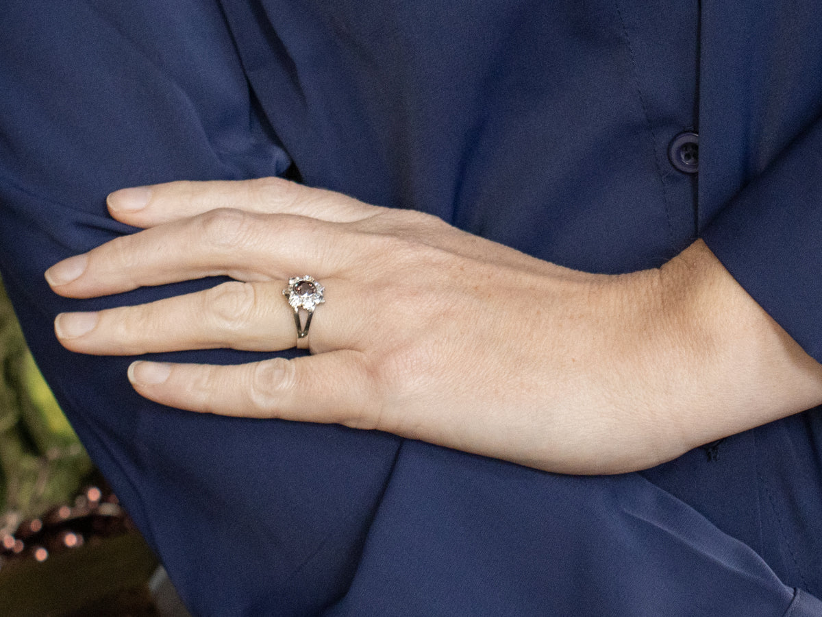 Color Change Garnet and Old Mine Cut Diamond Halo Platinum Ring
