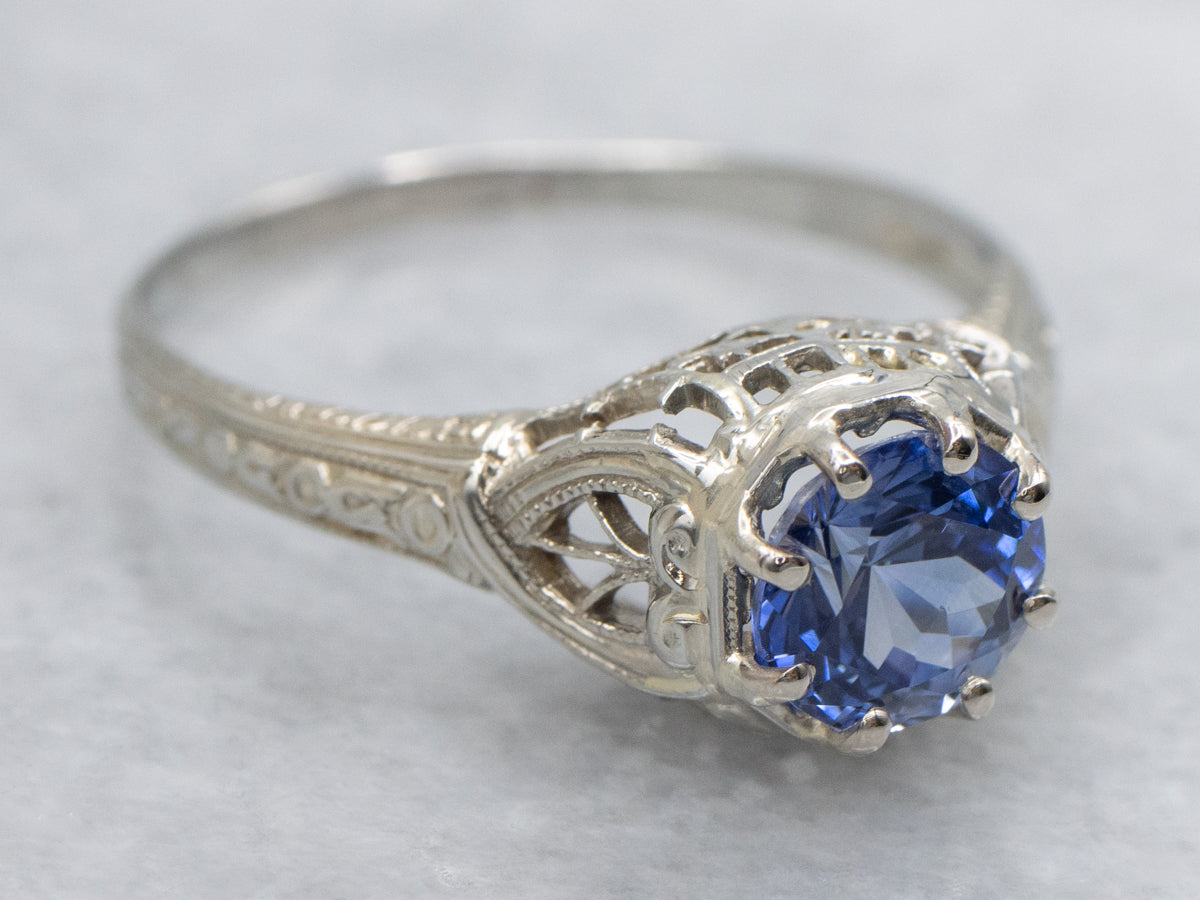 Sapphire Solitaire White Gold Filigree Ring Circa 1920s