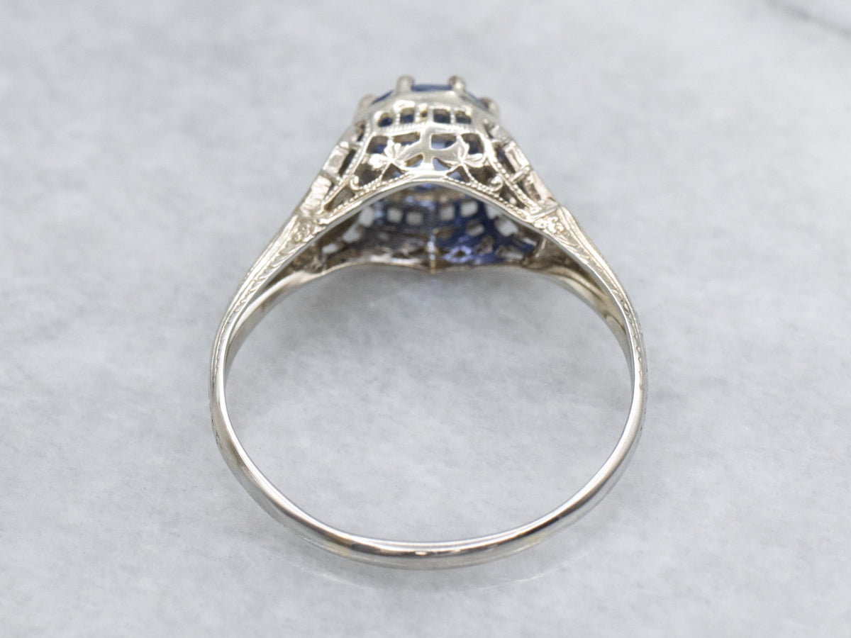 Sapphire Solitaire White Gold Filigree Ring Circa 1920s