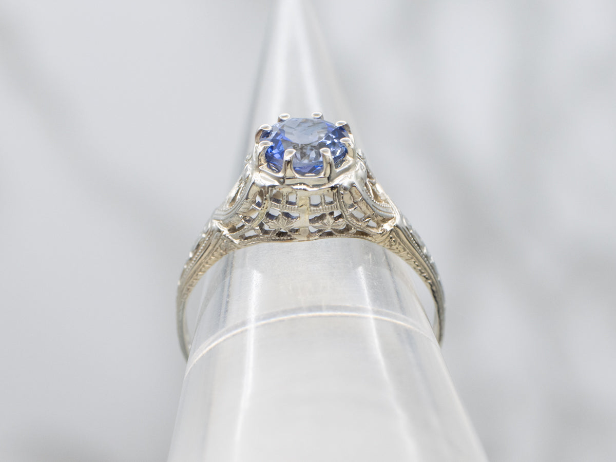 Sapphire Solitaire White Gold Filigree Ring Circa 1920s