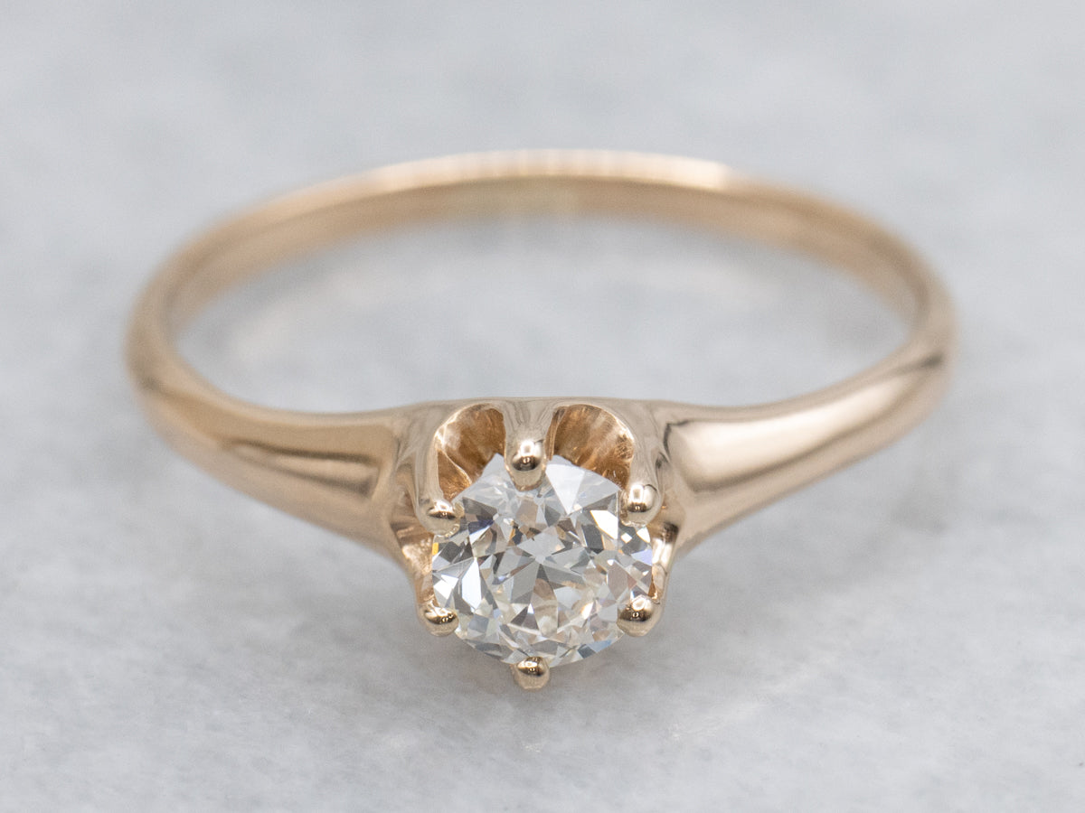 Old Mine Cut Diamond Six-Prong Solitaire Gold Engagement Ring