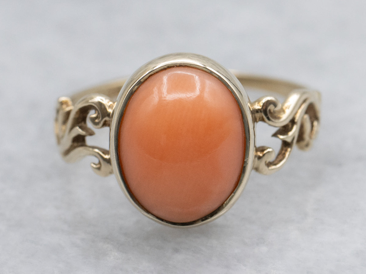 Victorian Revival Scrolling Gold Coral Solitaire Ring