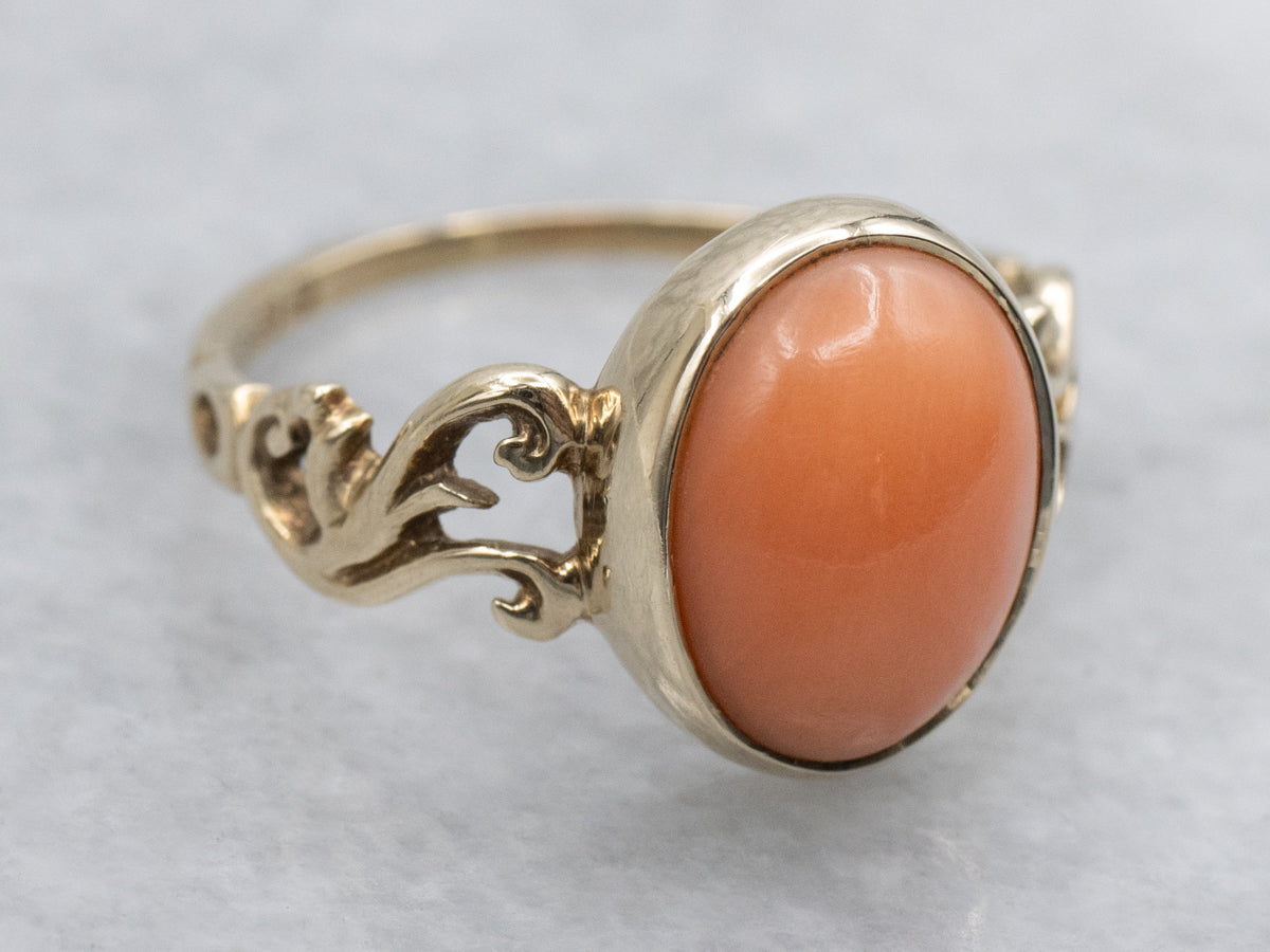 Victorian Revival Scrolling Gold Coral Solitaire Ring