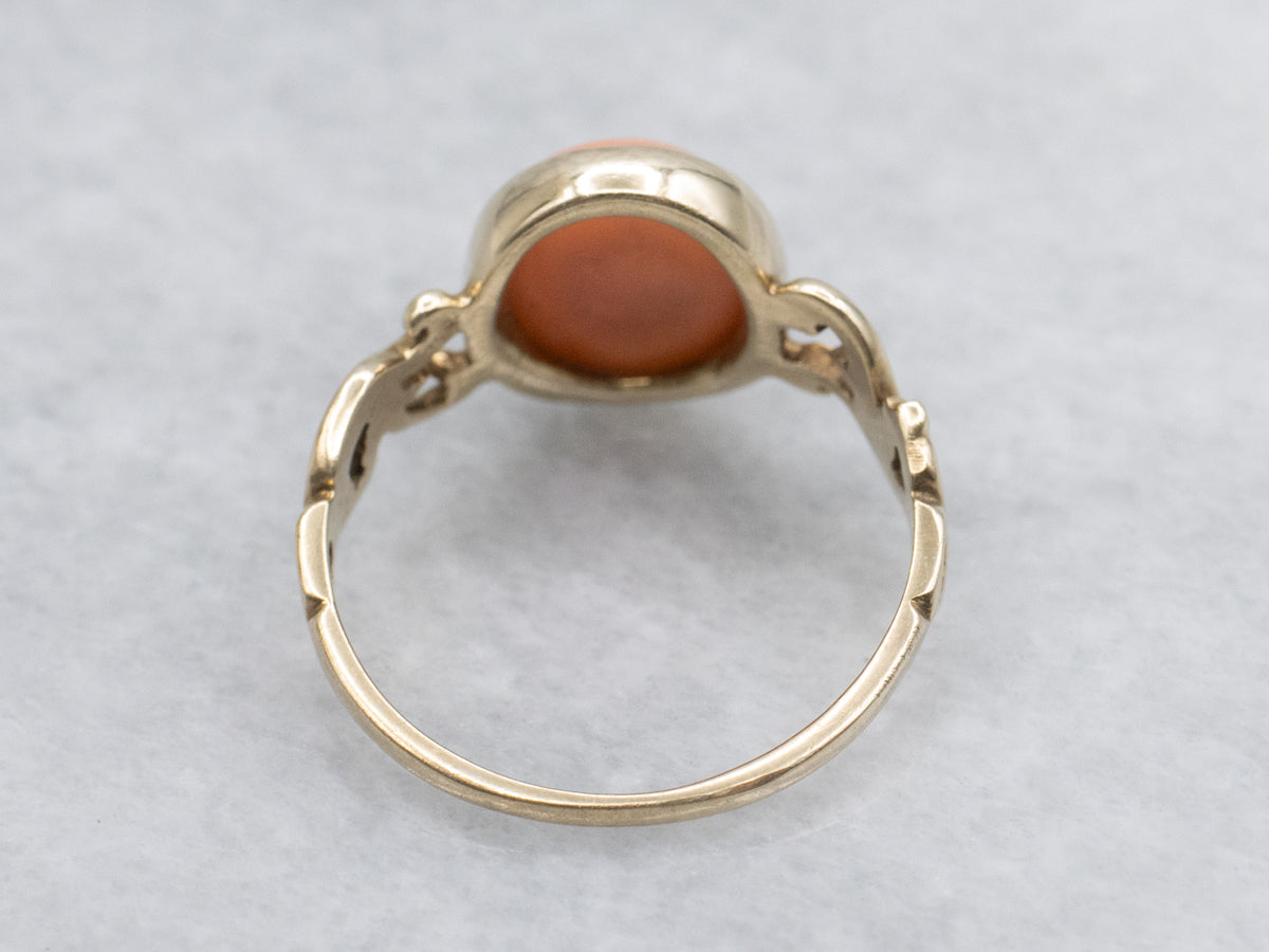 Victorian Revival Scrolling Gold Coral Solitaire Ring