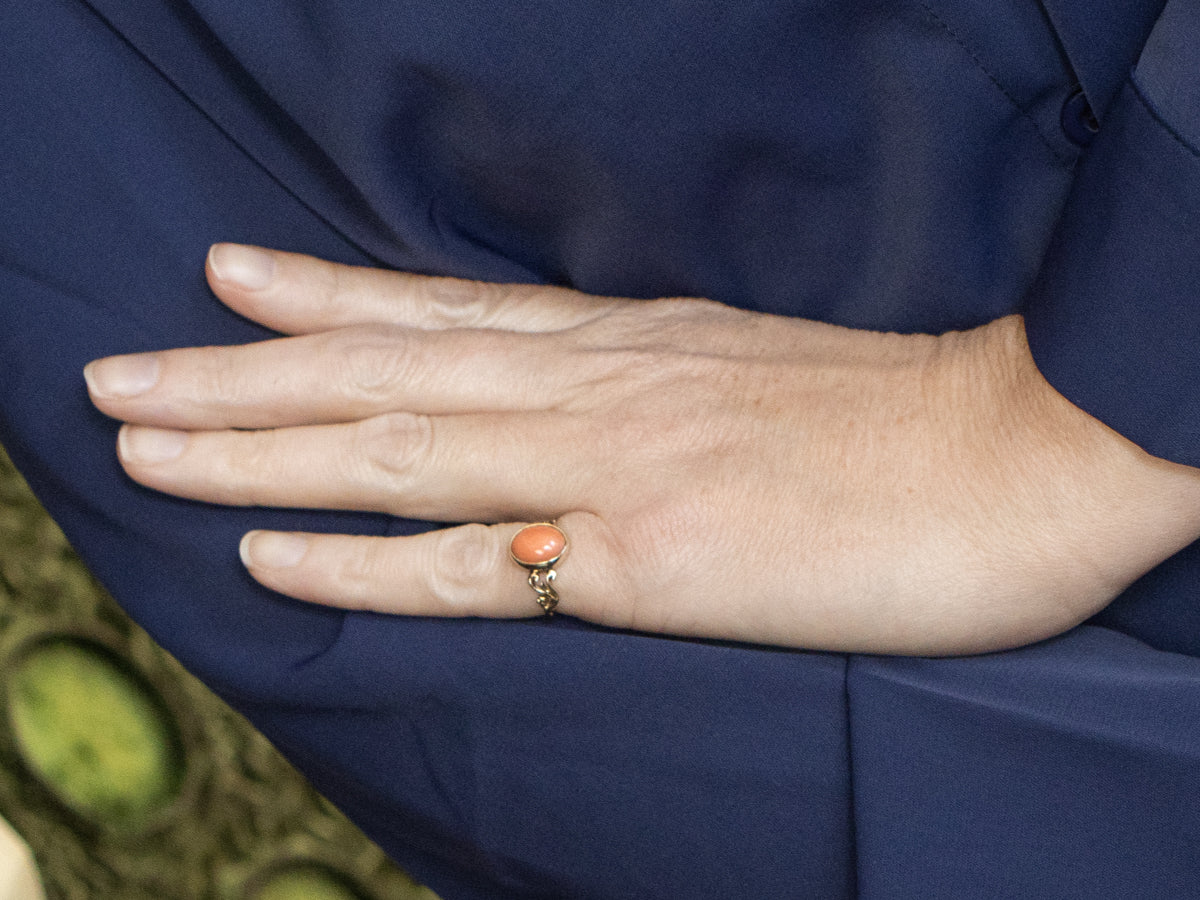 Victorian Revival Scrolling Gold Coral Solitaire Ring