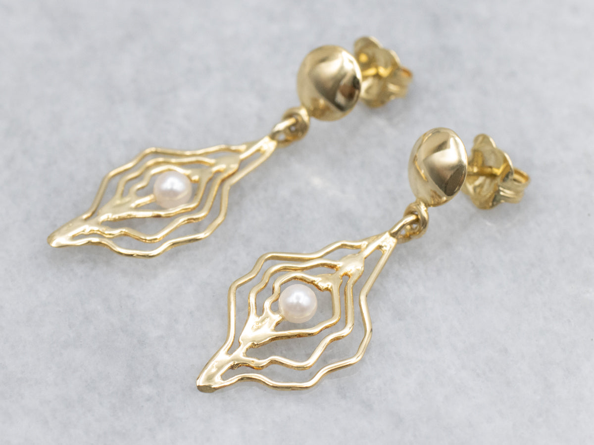 Modernist 18-Karat Yellow Gold Pearl Drop Earrings