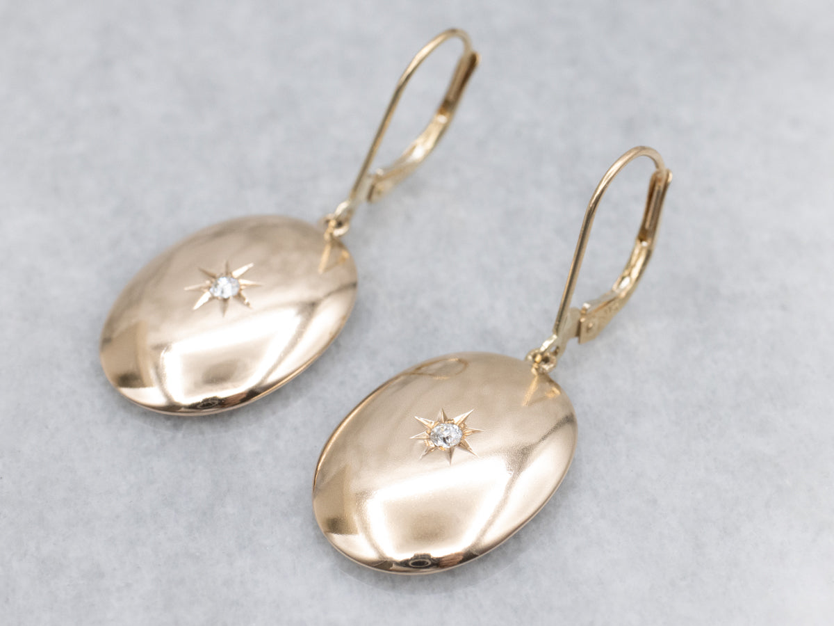 Old Mine Cut Diamond and Gold Starburst Cufflink Conversion Drop Earrings