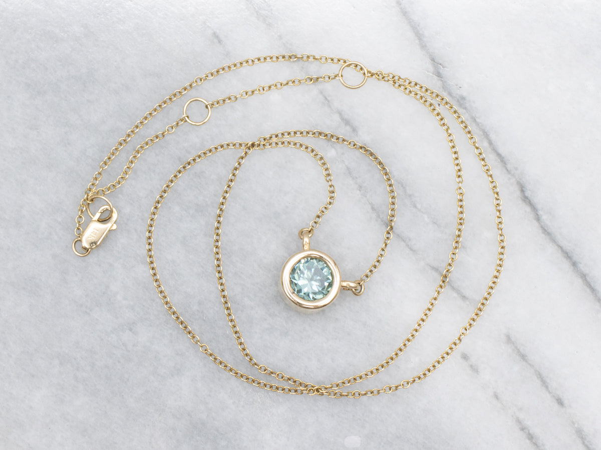Beautiful Blue Zircon Solitaire and Gold Pendant Necklace