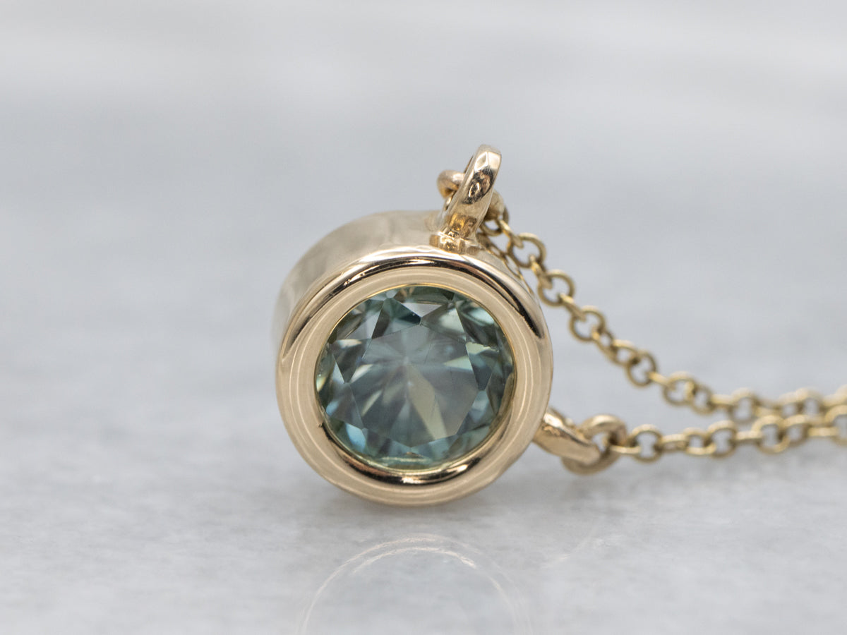 Beautiful Blue Zircon Solitaire and Gold Pendant Necklace