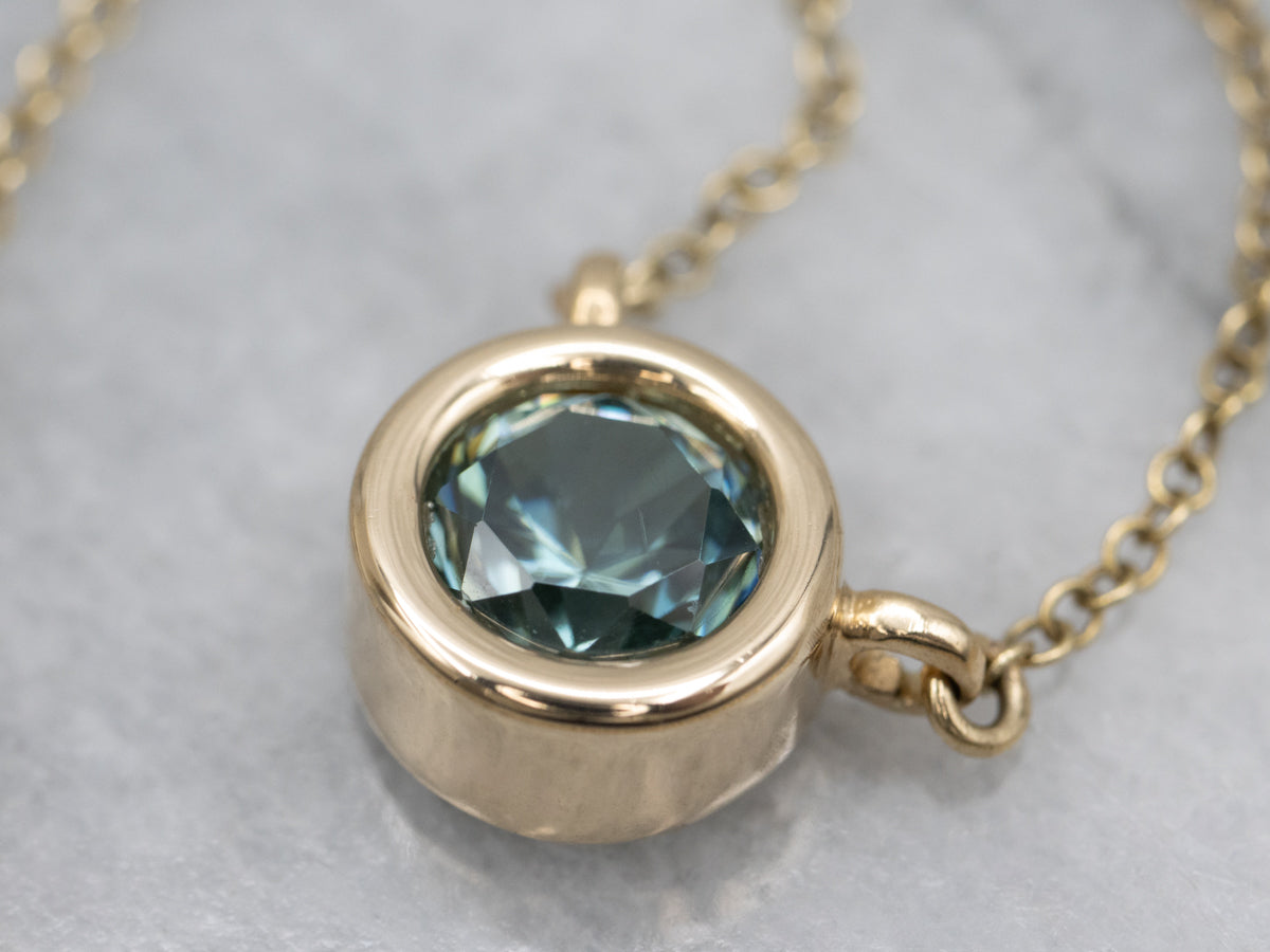 Beautiful Blue Zircon Solitaire and Gold Pendant Necklace