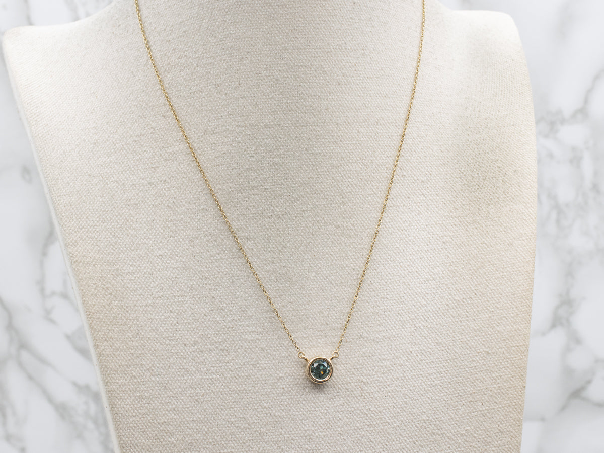 Beautiful Blue Zircon Solitaire and Gold Pendant Necklace