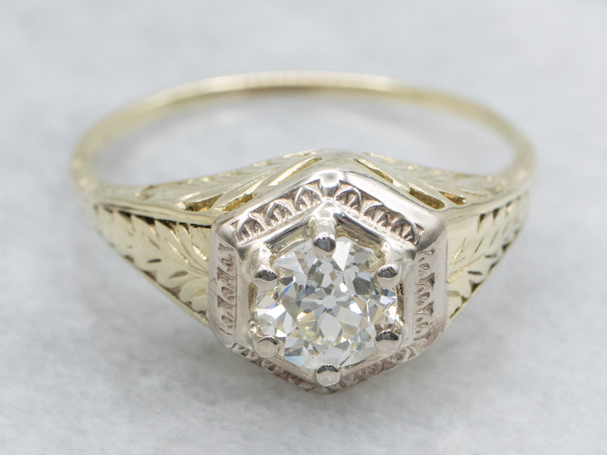Old European Cut Diamond Art Nouveau Era Botanical Solitaire Ring