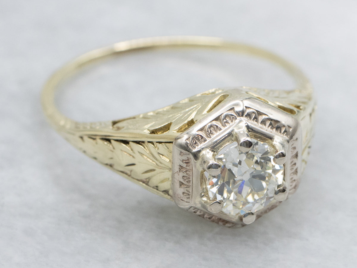 Old European Cut Diamond Art Nouveau Era Botanical Solitaire Ring