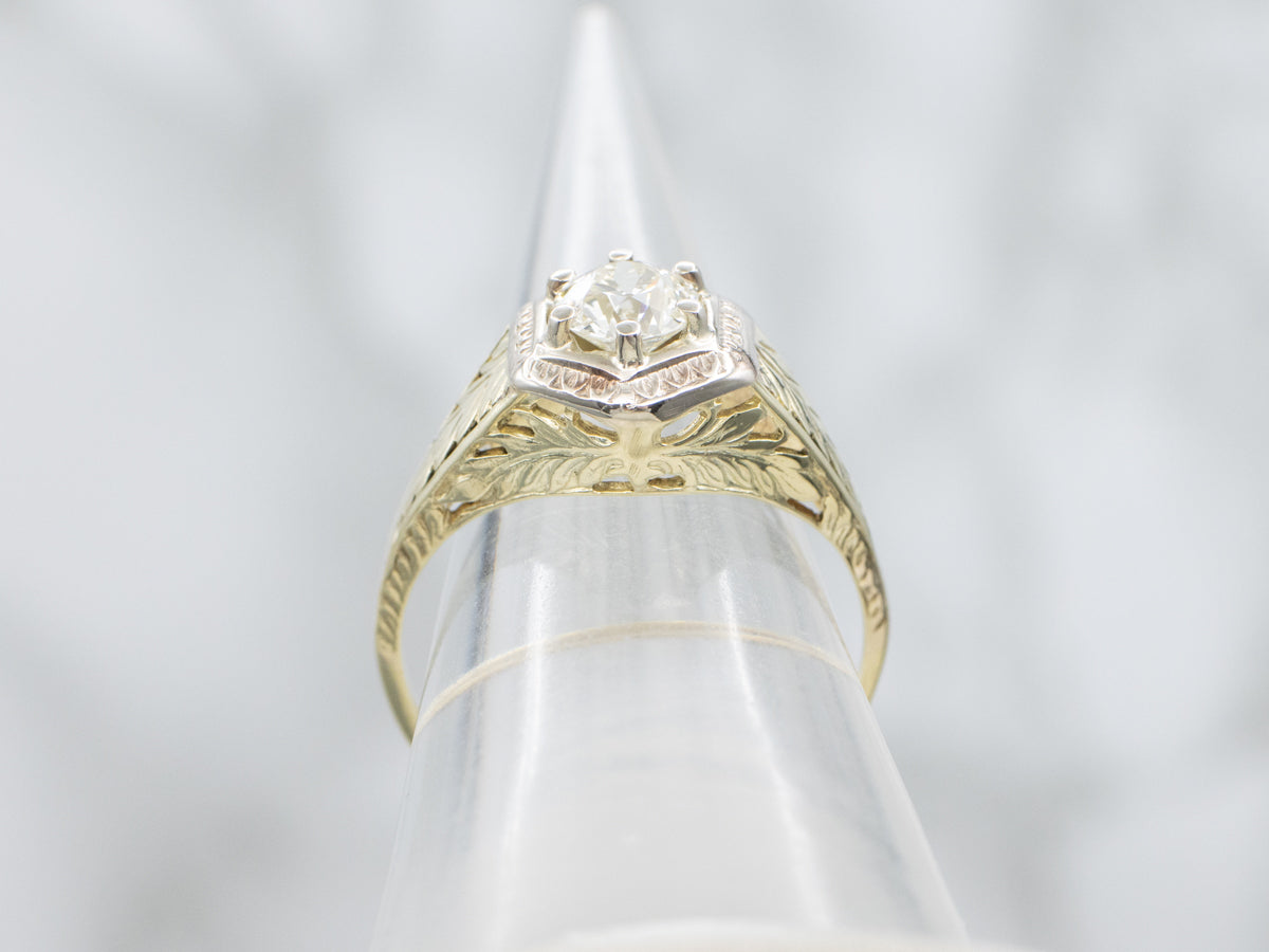 Old European Cut Diamond Art Nouveau Era Botanical Solitaire Ring