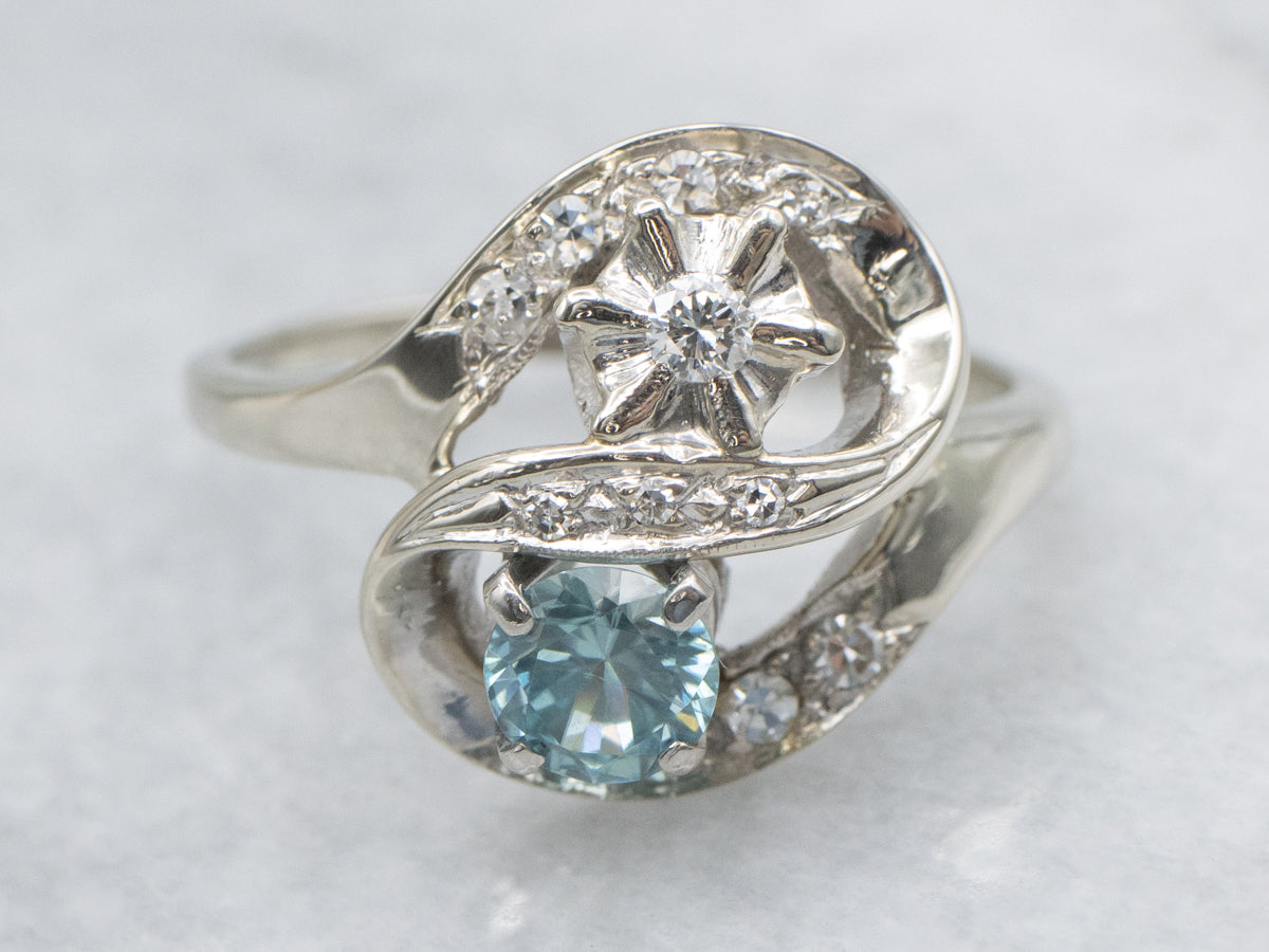 Blue Zircon and Diamond 1950s White Gold Ring
