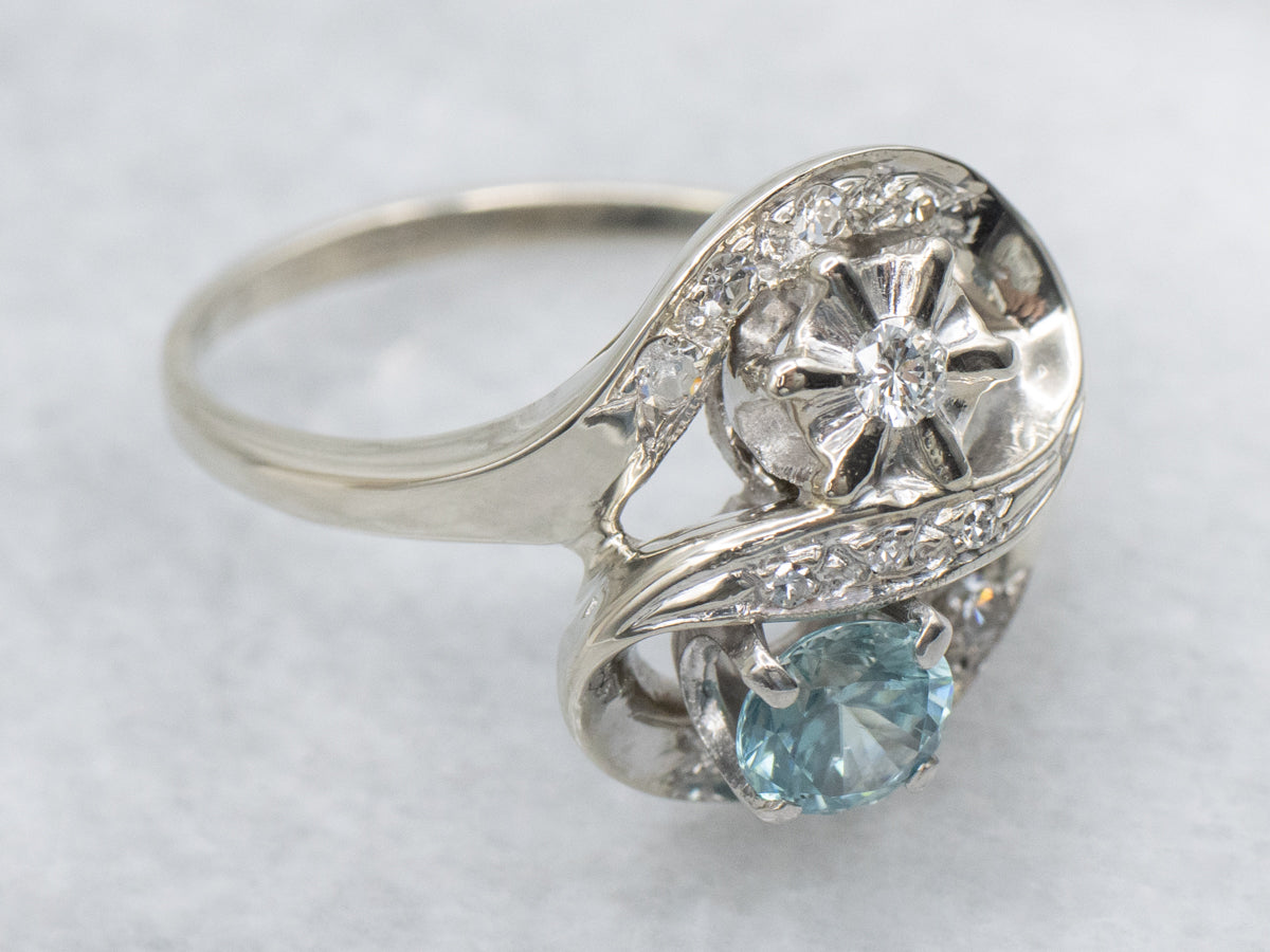 Blue Zircon and Diamond 1950s White Gold Ring