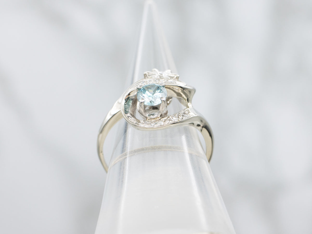 Blue Zircon and Diamond 1950s White Gold Ring
