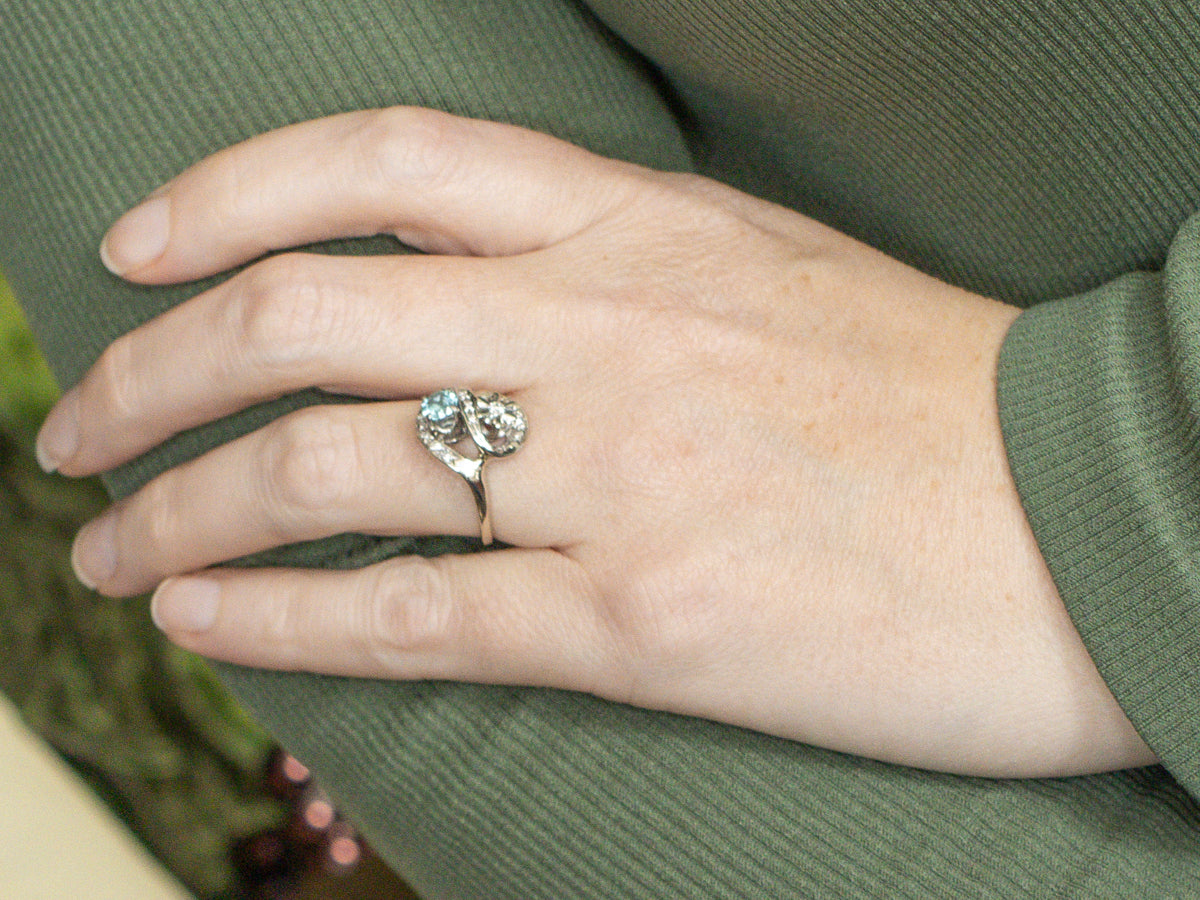 Blue Zircon and Diamond 1950s White Gold Ring