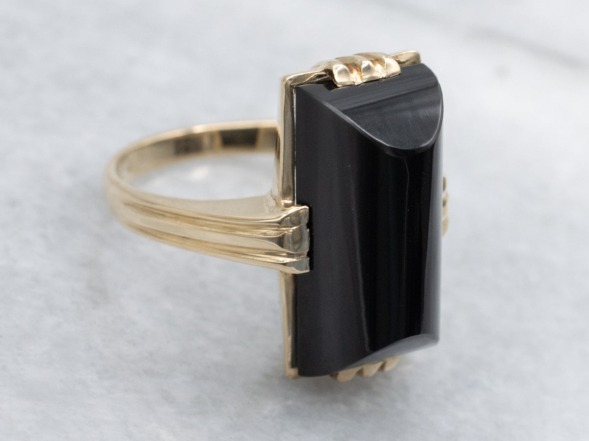 Ladies Black Onyx and Gold Mid Century Ring