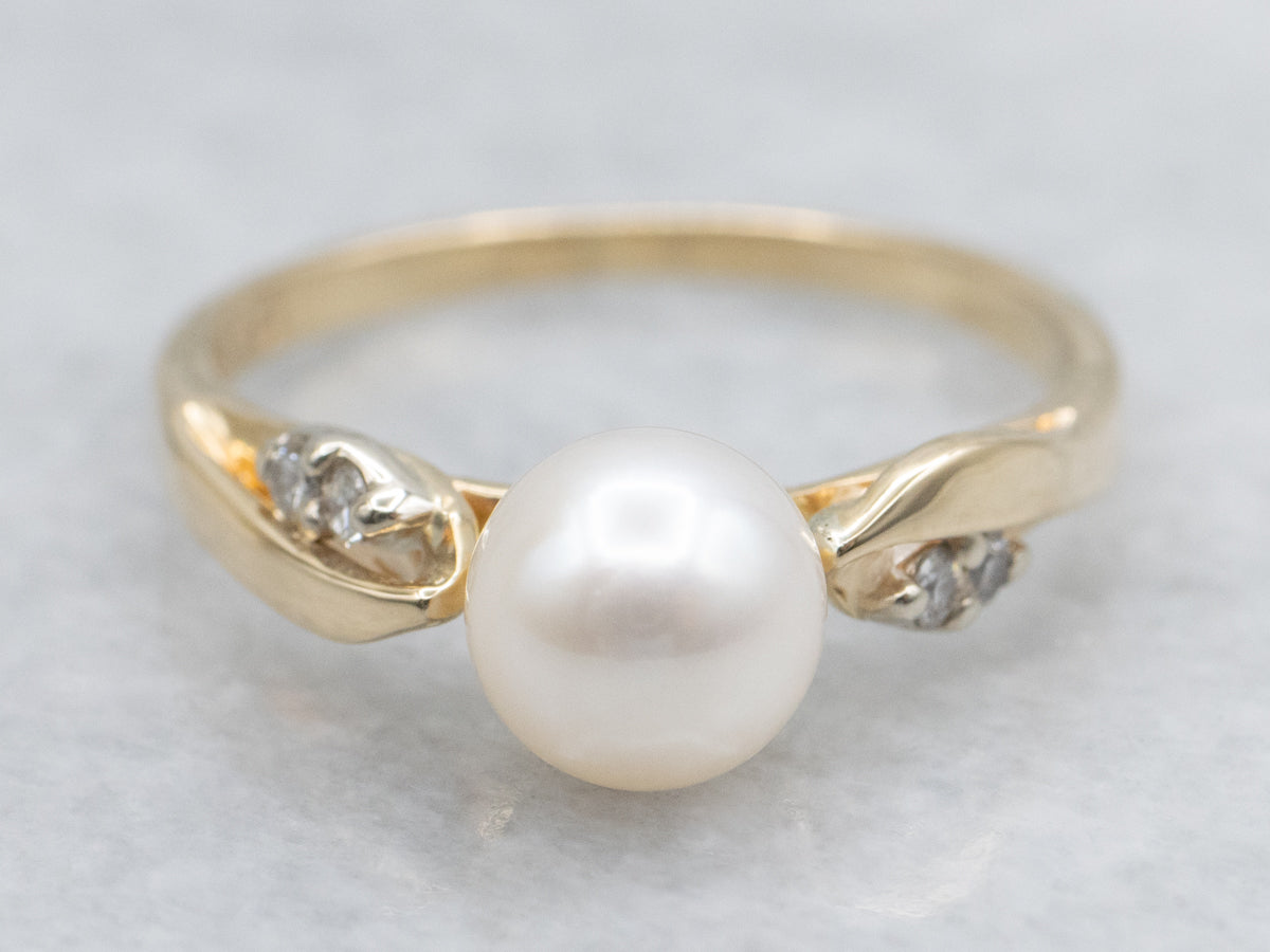 Pearl and Diamond Accent Yellow Gold Ring