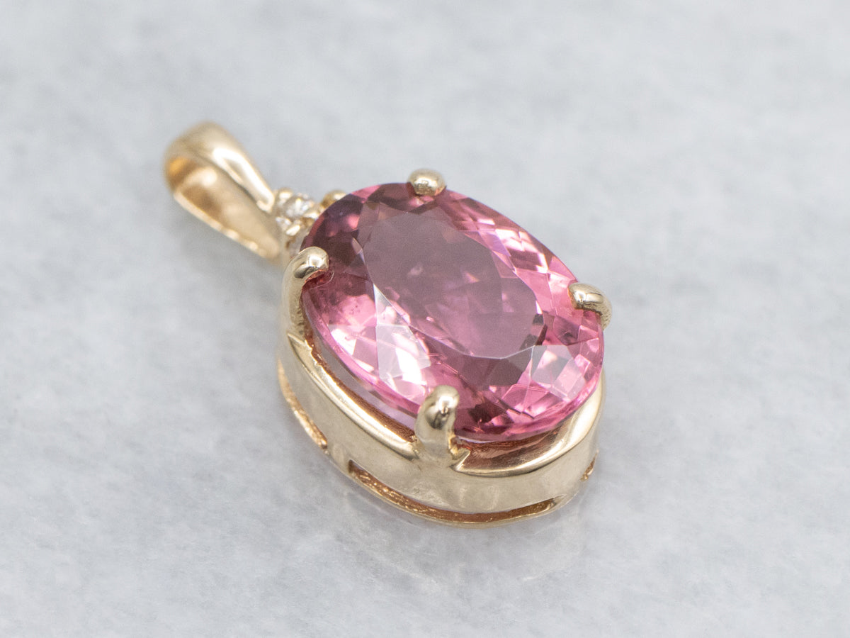 Strawberry Pink Tourmaline and Diamond Yellow Gold Pendant