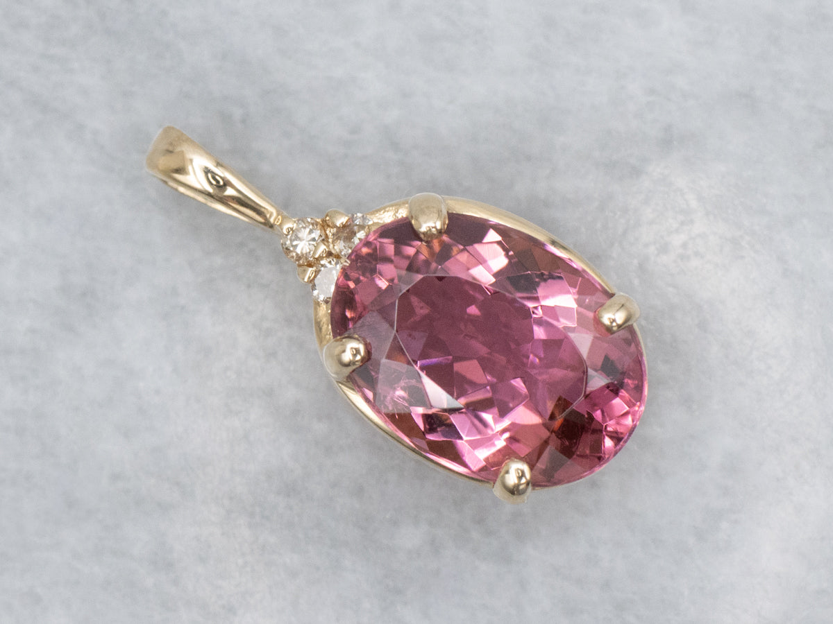 Strawberry Pink Tourmaline and Diamond Yellow Gold Pendant