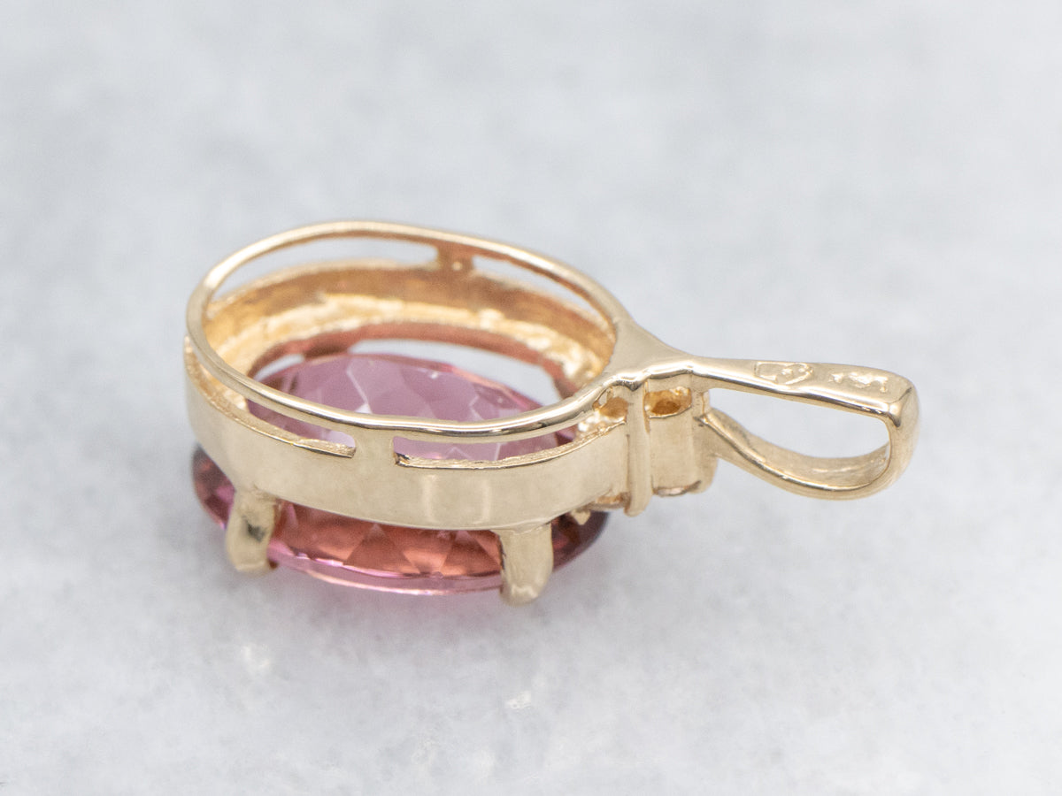Strawberry Pink Tourmaline and Diamond Yellow Gold Pendant