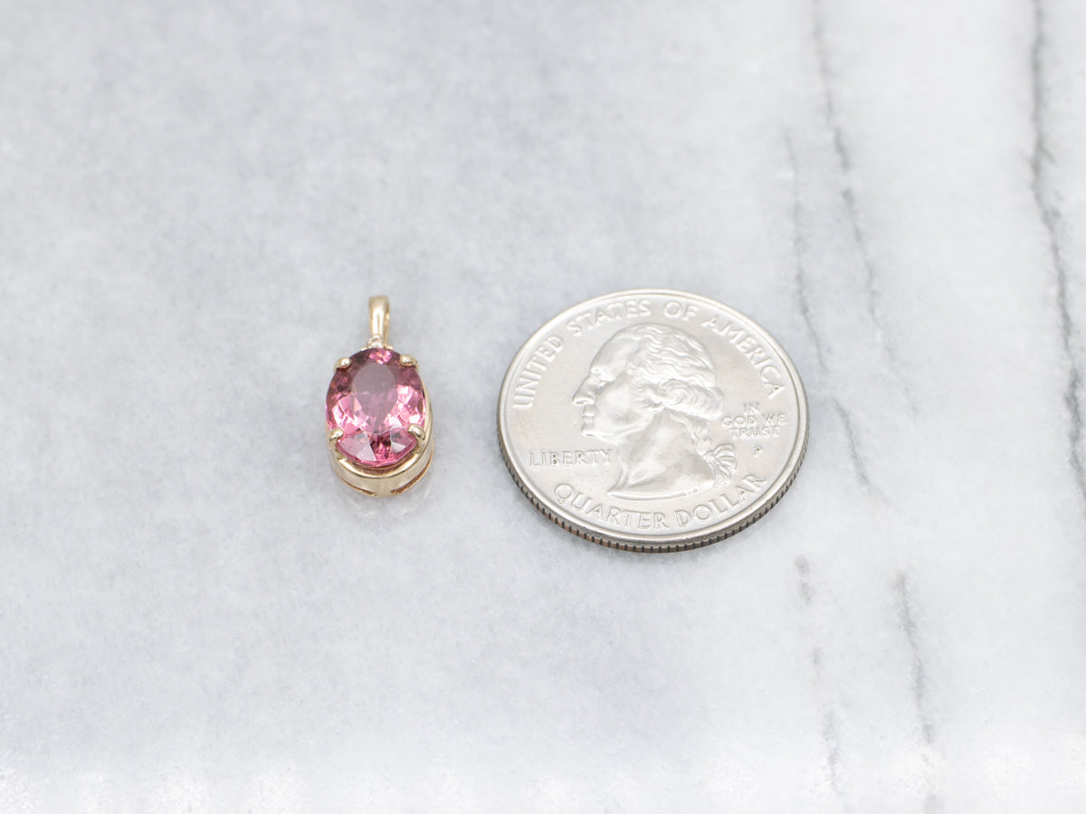 Strawberry Pink Tourmaline and Diamond Yellow Gold Pendant