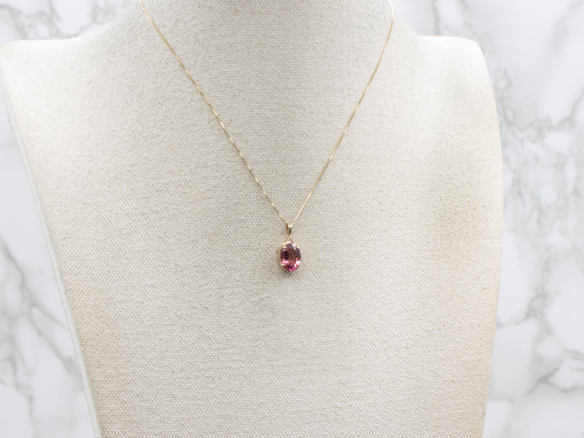 Strawberry Pink Tourmaline and Diamond Yellow Gold Pendant