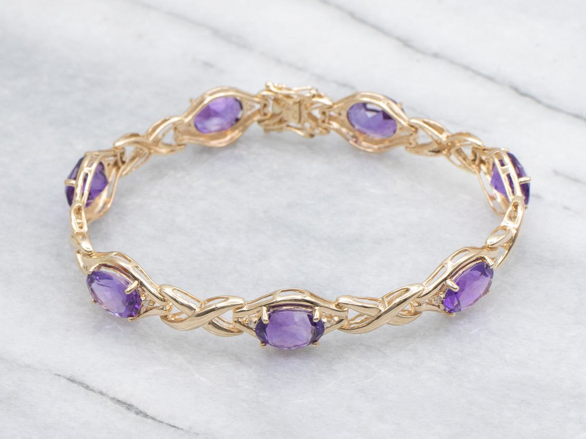 Amethyst and Diamond Yellow Gold X-Link Bracelet