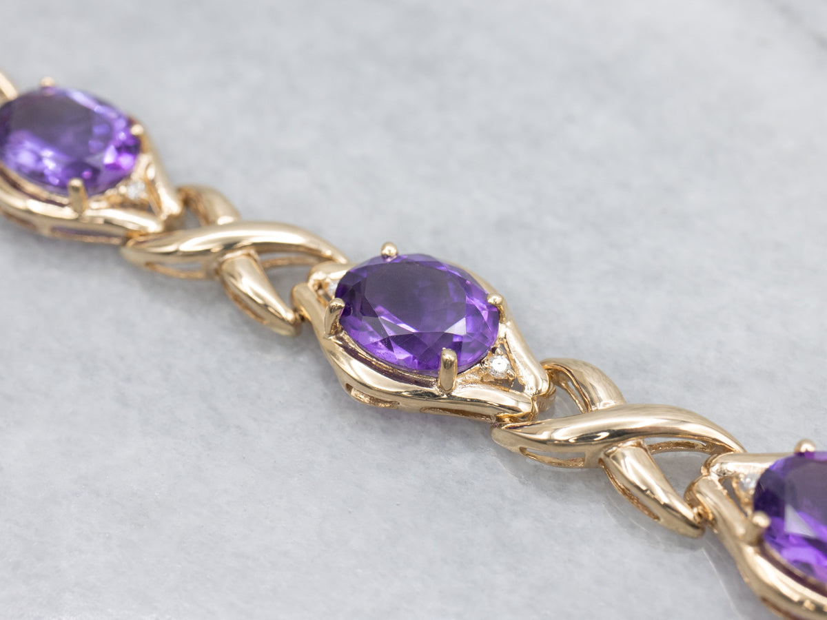 Amethyst and Diamond Yellow Gold X-Link Bracelet