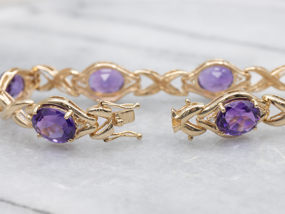 Amethyst and Diamond Yellow Gold X-Link Bracelet