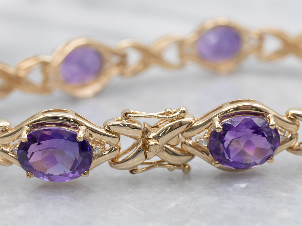 Amethyst and Diamond Yellow Gold X-Link Bracelet