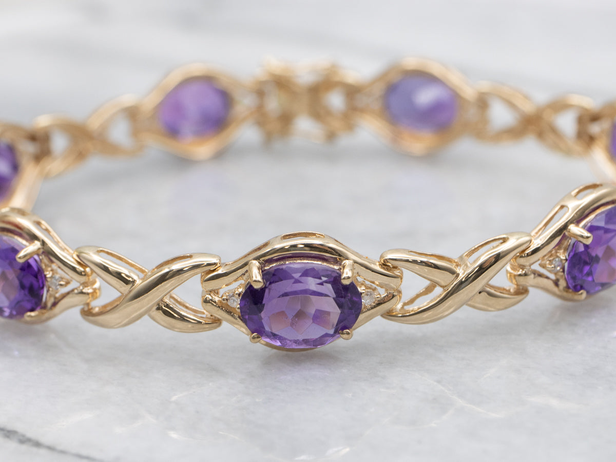 Amethyst and Diamond Yellow Gold X-Link Bracelet